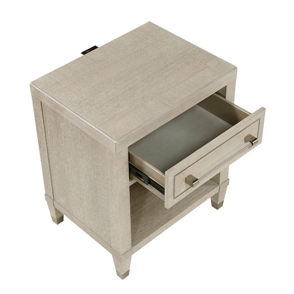 Olto Nightstand w 1 Drawer | USB Ports | Cubby Shelf | Light Oak Brown