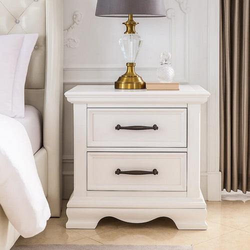 Yal Nightstand | 2 Drawers w Black Nickel Bar Handles | White Finish