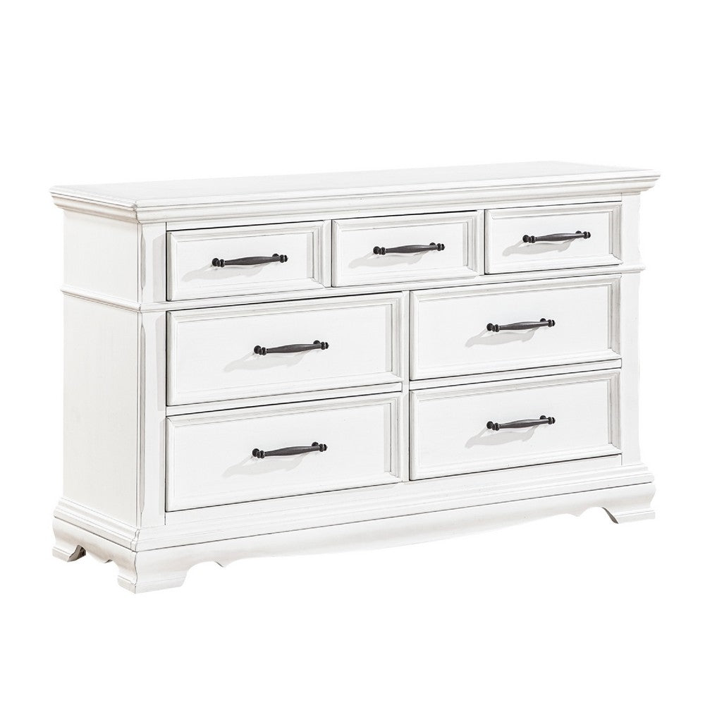 Yal Wide Dresser | 7 Drawers w Black Nickel Bar Handles | White Finish