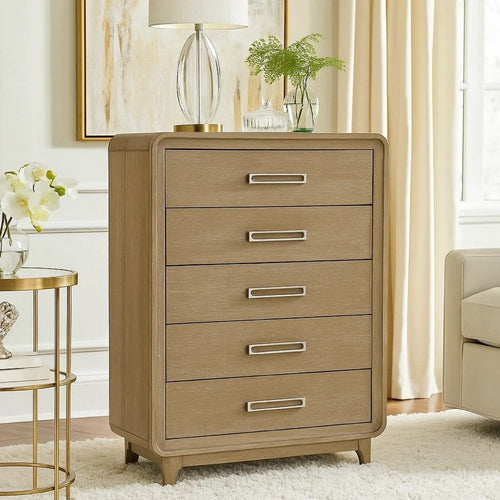 Wily Tall Dresser Chest | 5 Drawers w Nickel Bar Handles | Natural Brown