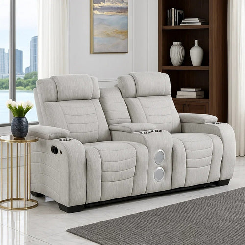 Reny Manual Reclining Loveseat w Center Console | LED Base | Light Gray