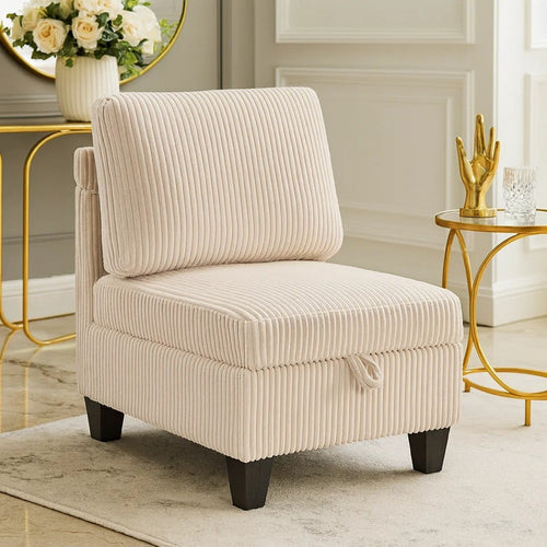 Wely Armless Chair w Hidden Storage | Beige Corduroy Seat & Back