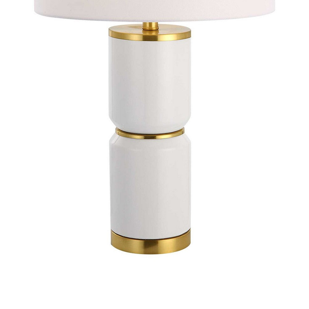 Table Lamp | Linen Drum Shade | Gold Accent White Ceramic Base | 26"