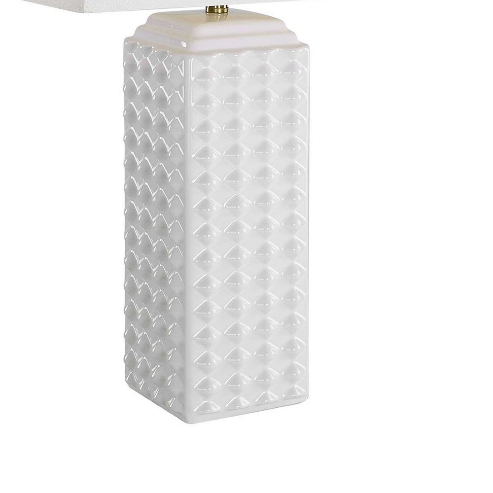 Table Lamp | Linen Shade | 3D Diamond Knob Gloss White Ceramic | 25"