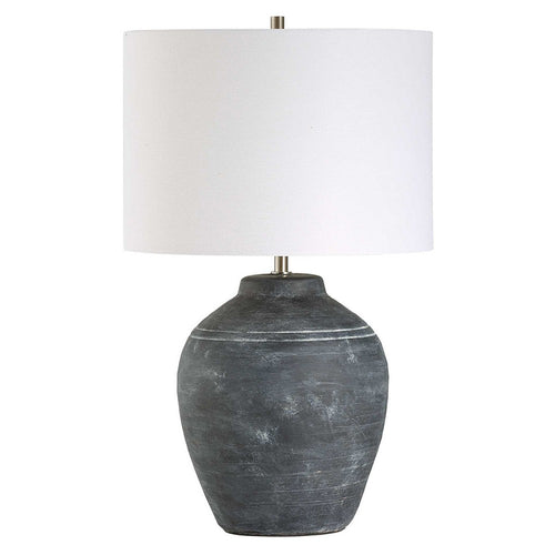 Table Lamp | Off White Linen Shade | Weathered Black Urn Body | 24"