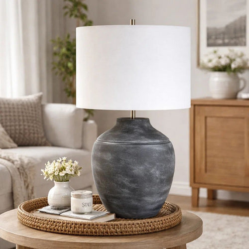Table Lamp | Off White Linen Shade | Weathered Black Urn Body | 24"