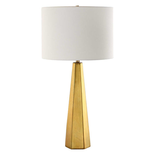 Table Lamp | White Linen Shade | Gold Ceramic Geometric Base | 28"