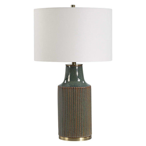 Table Lamp | White Linen Shade | Ribbed Ceramic Base | Blue Green 27"