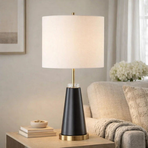 Gek Table Lamp | Off White Linen Shade | Black Tapered Base | 28"