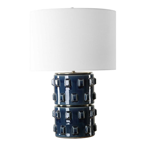 Table Lamp | 3D Raised Block Patterns | White Linen Shade | Blue 23"