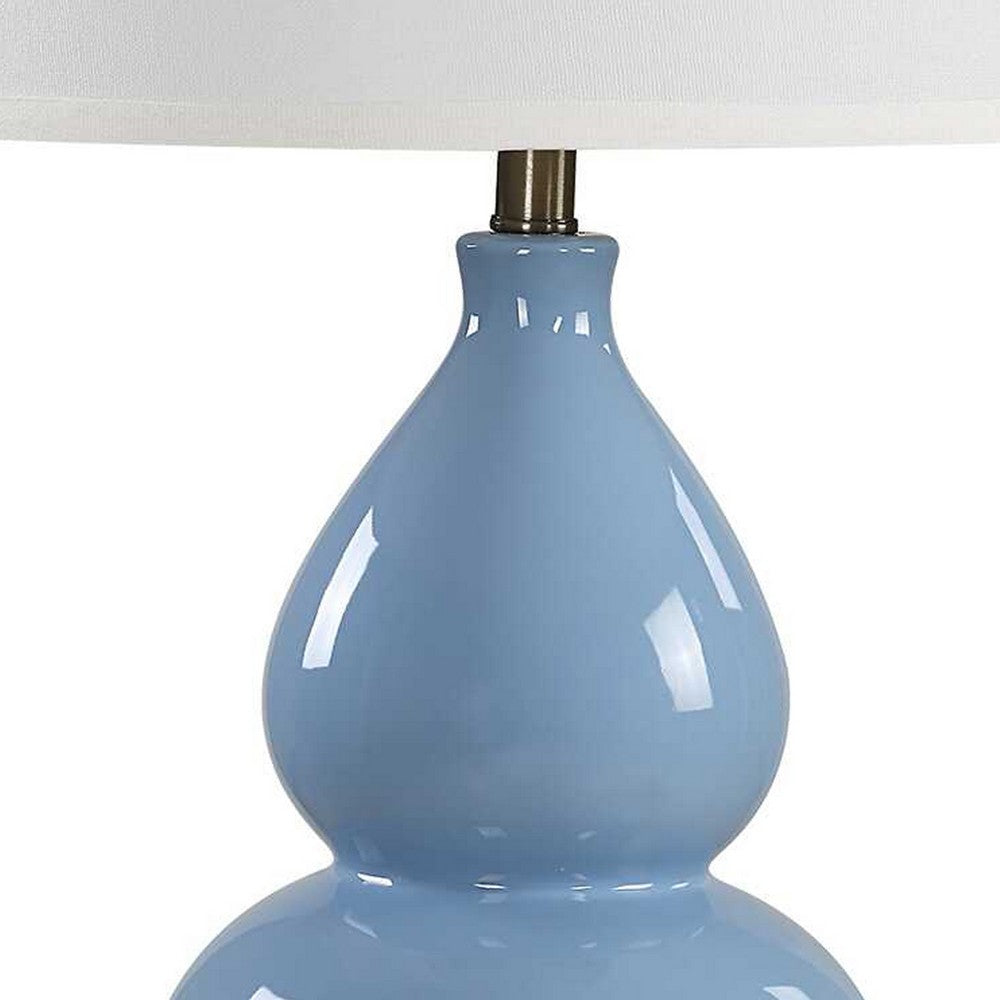 Roe Table Lamp | White Linen Shade | Blue Gourd Ceramic Body | 26"