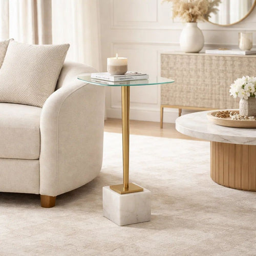 Lemy Accent Table | 11" Square Glass Top | White Marble | Retro Brass