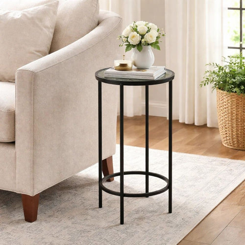 Hex Accent Table | 12" Round Recycled Glass Top | Black Iron Frame