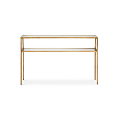 Ted Sofa Console Table w Open Shelf | 48" Glass Top | Gold Iron