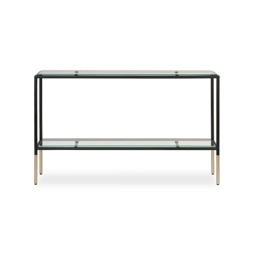 Beny Sofa Console Table | 48" Glass Top | 1 Shelf | Modern Black Iron