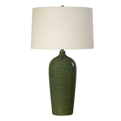 Table Lamp | Beige Linen Shade | Distressed Emerald Green Ceramic 28"