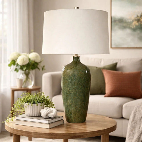 Table Lamp | Beige Linen Shade | Distressed Emerald Green Ceramic 28"