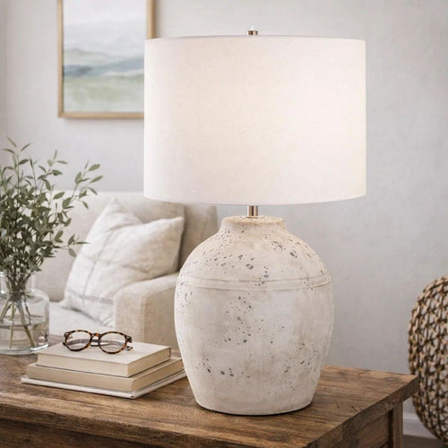 Table Lamp | Round Linen Shade | 24" Distressed White Ceramic Body