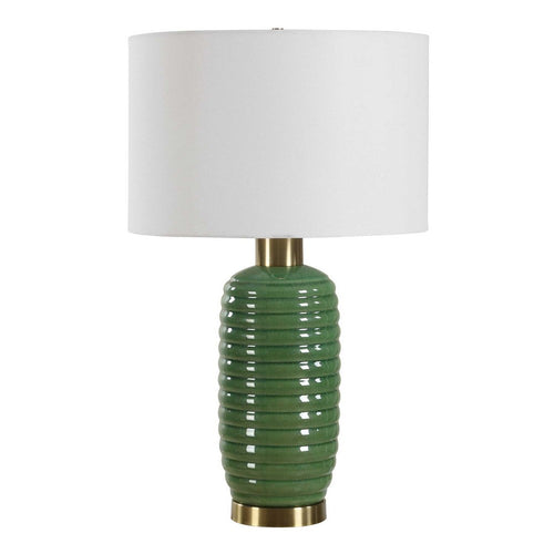 Table Lamp | Off White Linen Shade | 27" Olive Green Ribbed Ceramic