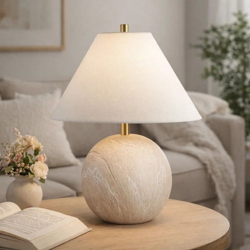 Table Lamp | Water Marble Ceramic & White Linen Shade | 17"