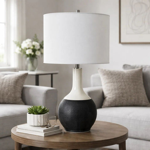 Table Lamp | White Linen Shade | 23" Black & White Ceramic Accent