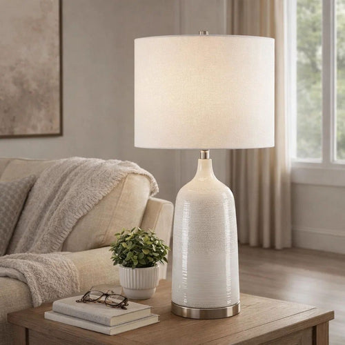 Table Lamp | Distressed White Ceramic | Off White Linen Shade | 29"