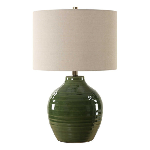 Table Lamp | Moss Green Textured Ceramic & Beige Linen Shade | 23"