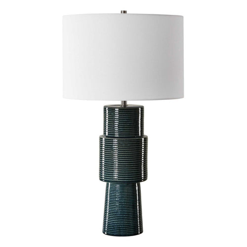 Table Lamp | Teal Ribbed Ceramic Base & White Linen Shade | 28"