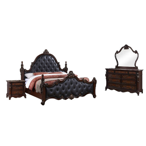 Moni 4pc Queen Bedroom Set | Faux Leather | Cherry Brown Wood | Mirror