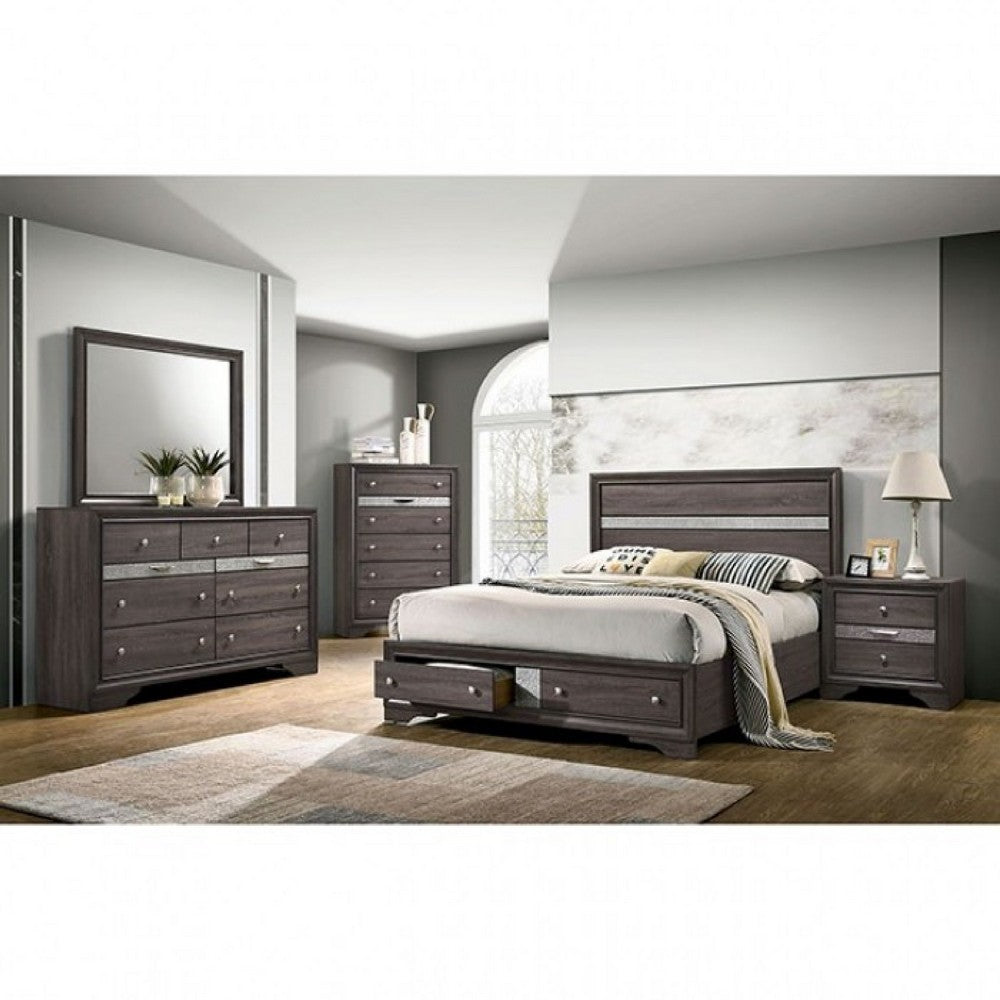 Cevy 5pc Queen Bedroom Set | 2 Nightstands | Silver Accents | Gray Wood