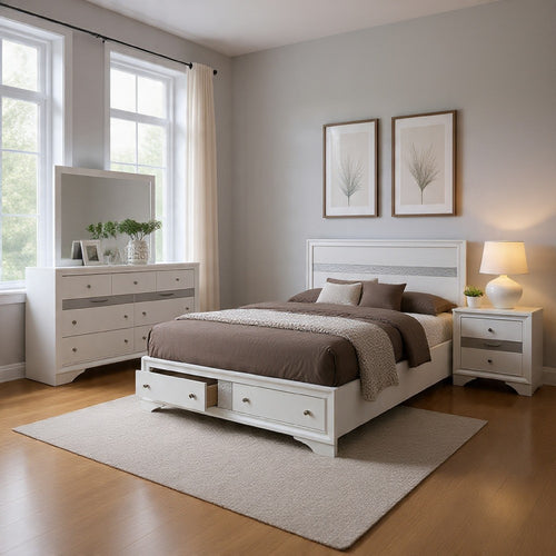 Cevy 4pc Queen Bedroom Set w Dresser | Silver Accents | White Wood