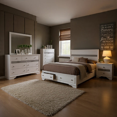 Cevy 5pc Queen Bedroom Set | 2 Nightstands | Silver Accents | White Wood