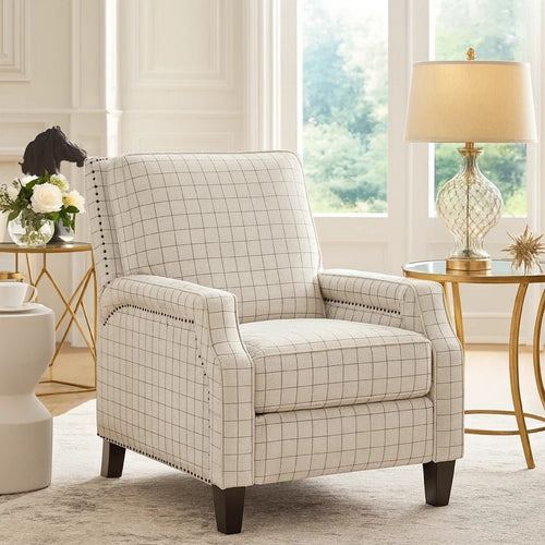 Berry Push Back Reclining Chair | Off White Black Plaid Pattern Polyester