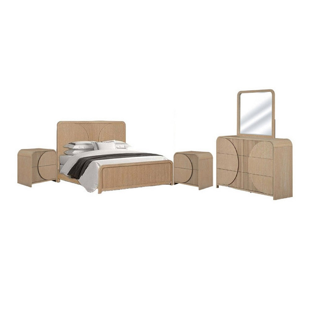 Tanya 5pc Queen Bedroom Set | 2 Nightstands Mirror | Reeded Brown Wood