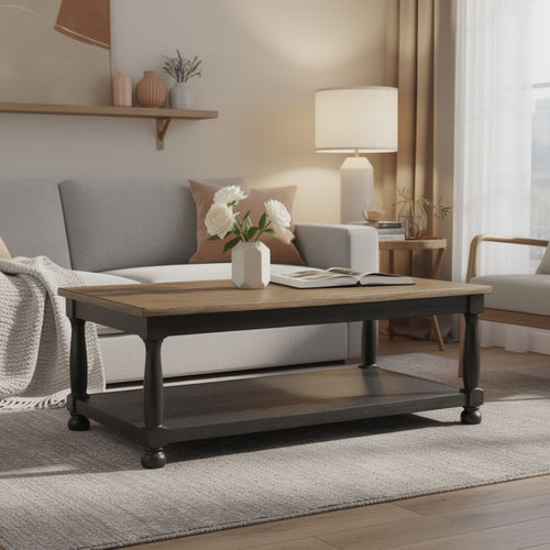 Ginie Coffee Table | Rustic Black and Brown Solid Rubberwood | 48"