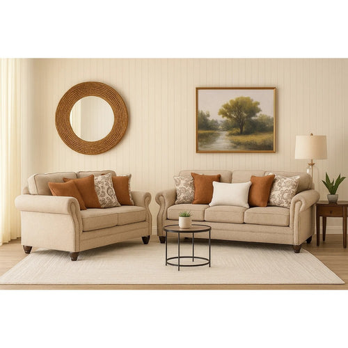 Bonie Loveseat | 4 Pillows | Taupe Brown Polyester Rolled Arms | 67"