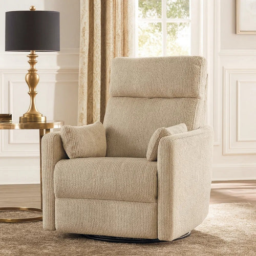 Liny Swivel Manual Glider Reclining Chair w 2 Pillows | Brown Microfiber