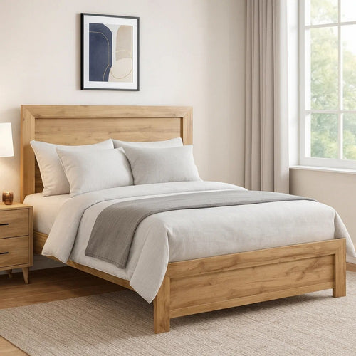 Eby Queen Size Bed | Panel Design | Natural Brown Melamine Laminate