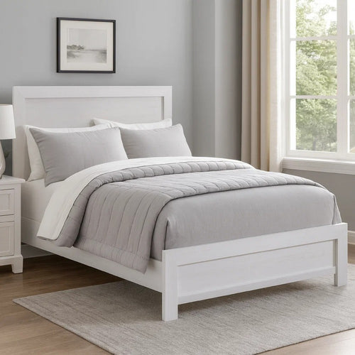 Eby Queen Size Bed | Modern Panel Design | 3D White Veneer & Wood