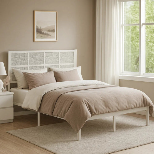 Annie Queen Size Platform Bed w Faux Cane Headboard | White Metal