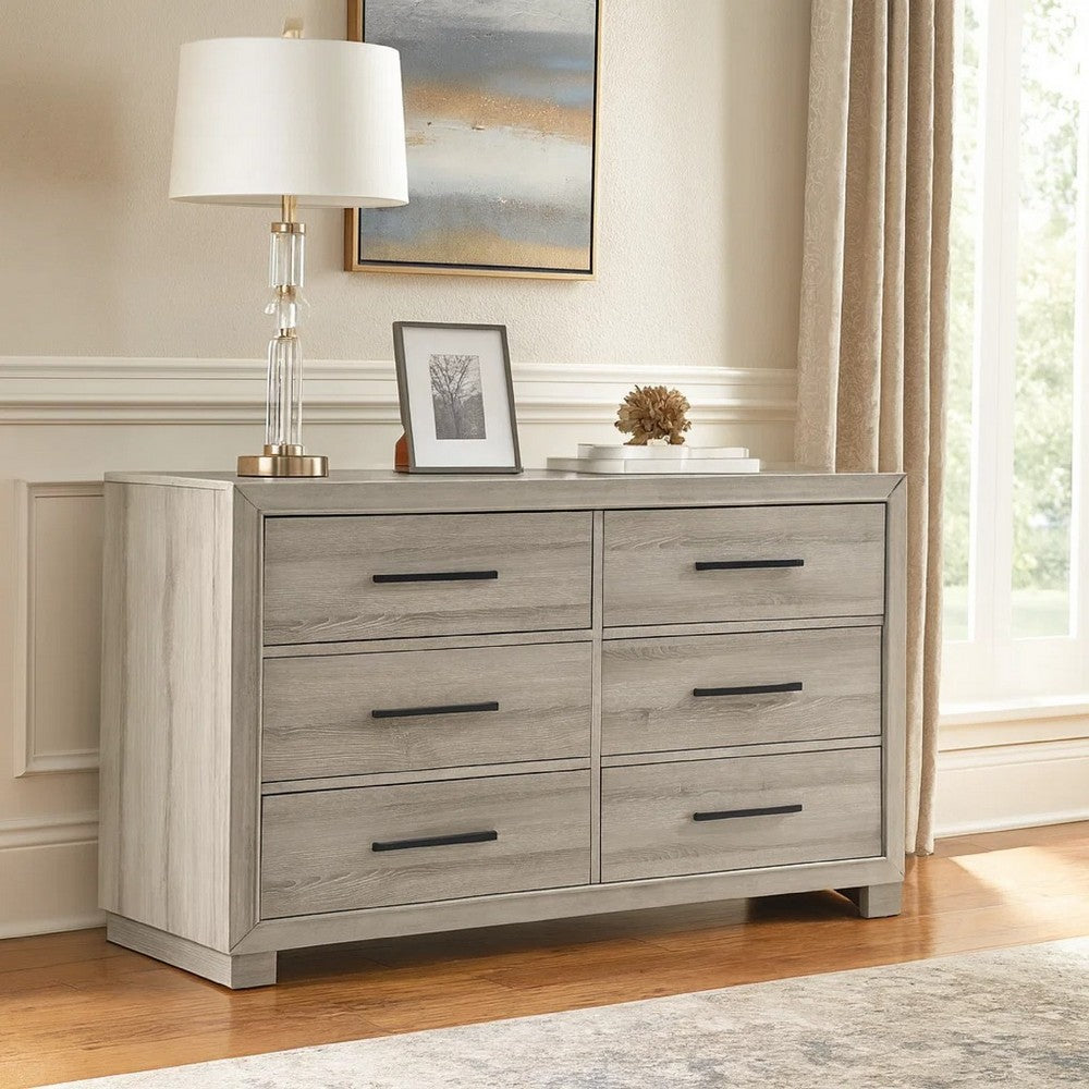 Evy 59" Wide Dresser | 6 Drawers W Antique Brass Handles | Gray Melamine Evy 59" Wide Dresser | 6 Drawers W Antique Brass Handles | Gray Melamine