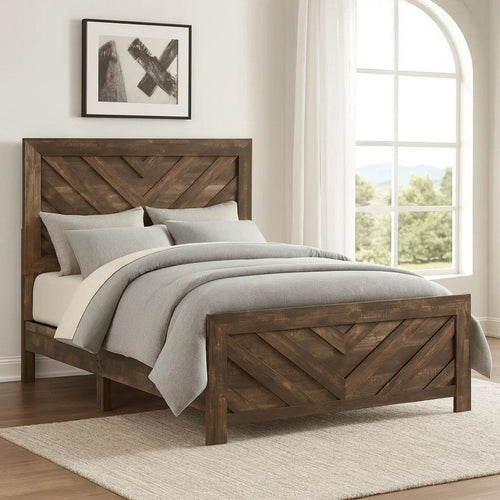 Eby Full Size Bed | Farmhouse Chevron Panel Design Paper Veneer | Brown
