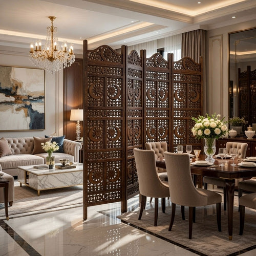 71 Inch 4 Panel Mango Wood Room Divider, Hand Carved, Sun & Moon Design, Brown By The Urban Port