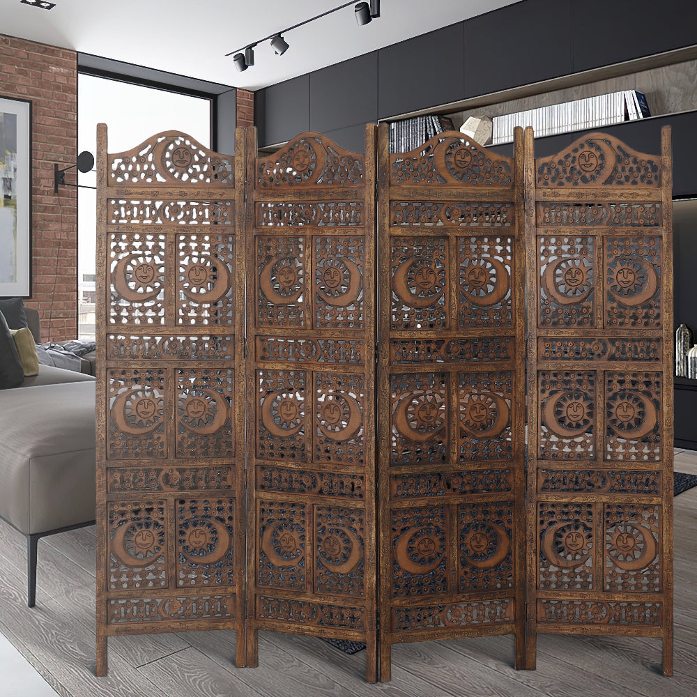 71 Inch 4 Panel Mango Wood Room Divider, Hand Carved, Sun & Moon Design, Brown By The Urban Port
