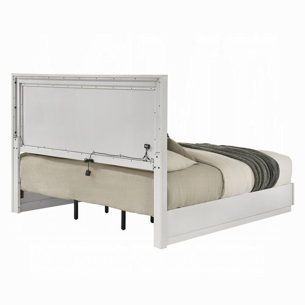 Esy King Size Storage Bed with LED Headboard | USB Ports | White & Silver