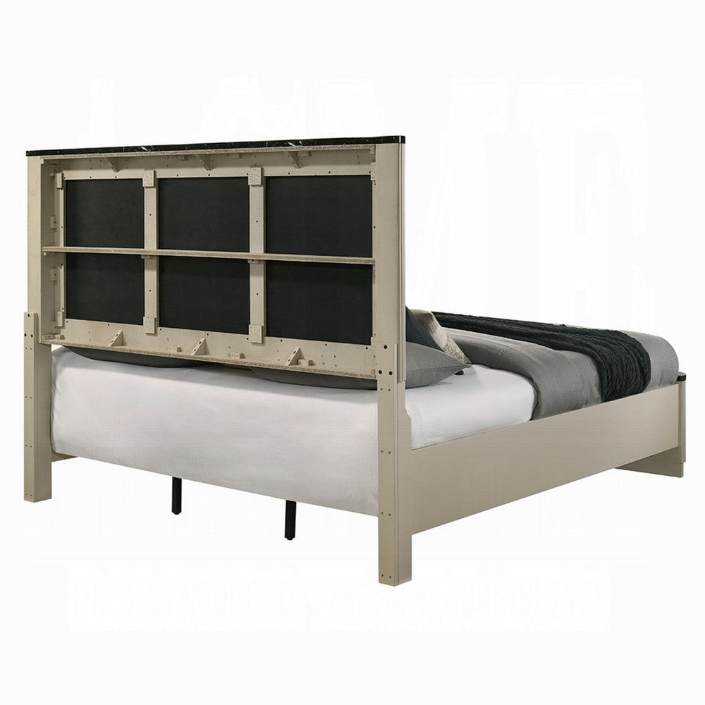 Trex King Bed | Gray Linen Upholstery | Marble Print | Fluted Beige Wood