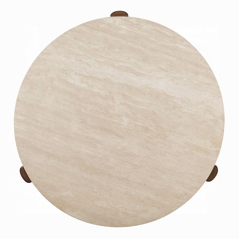 Hery Coffee Table | 40" Round Beige Travertine Stone Top | Oak Brown
