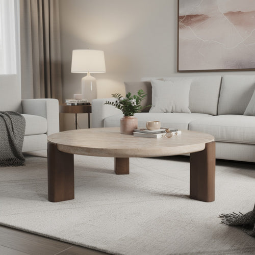 Hery Coffee Table | 40" Round Beige Travertine Stone Top | Oak Brown