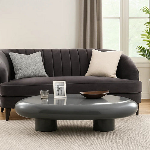 Fory Coffee Table | 46" Oval Top w Low Metal Base | High Gloss Gray