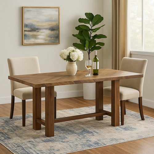 Elsie Dining Table | 71" Rectangular Chevron Design Top | Brown Wood
